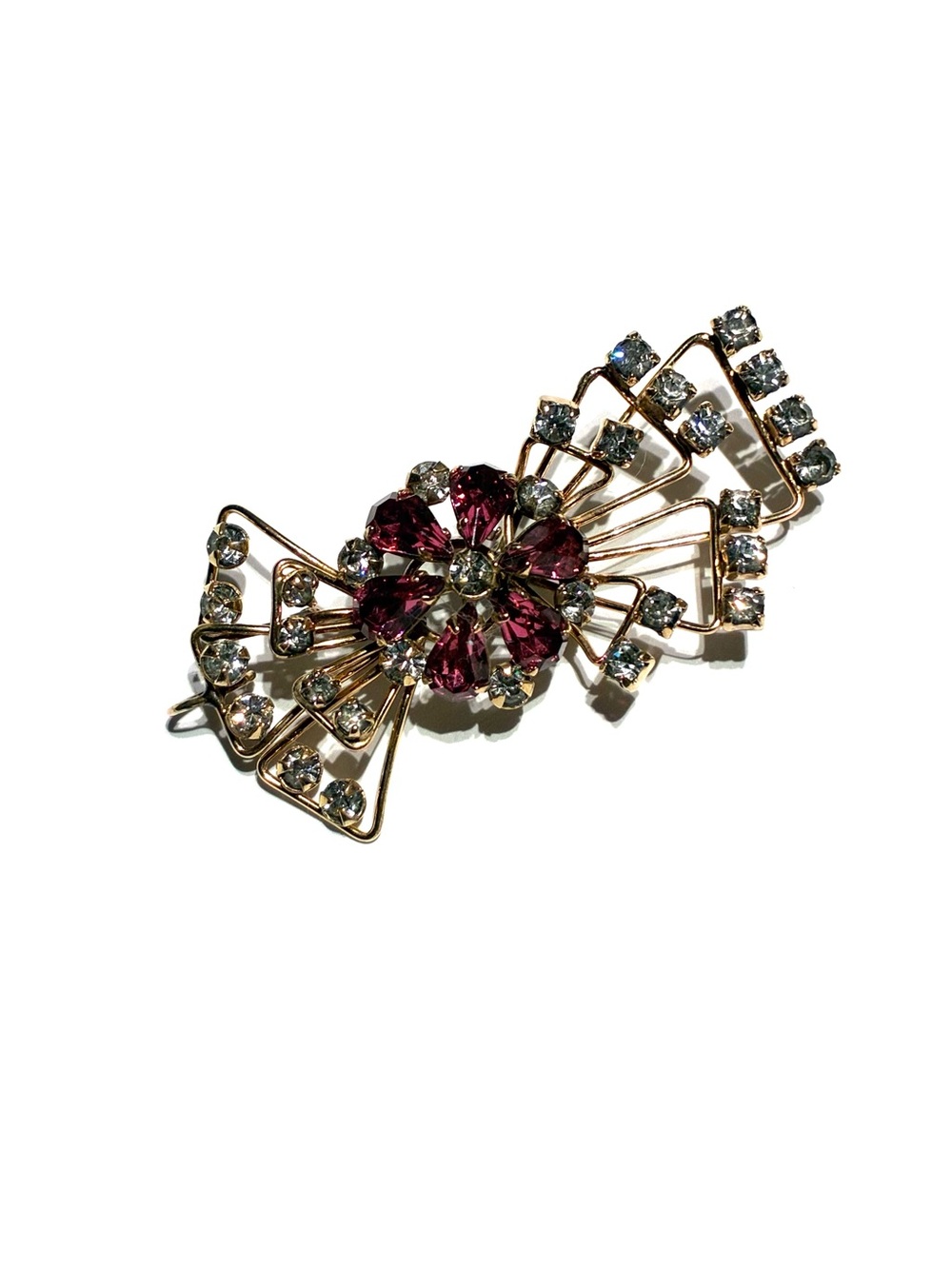 Vintage 1950s M&S Signed 1/20 12K GF Gold Filled Pink & Clear Rhinestone Brooch